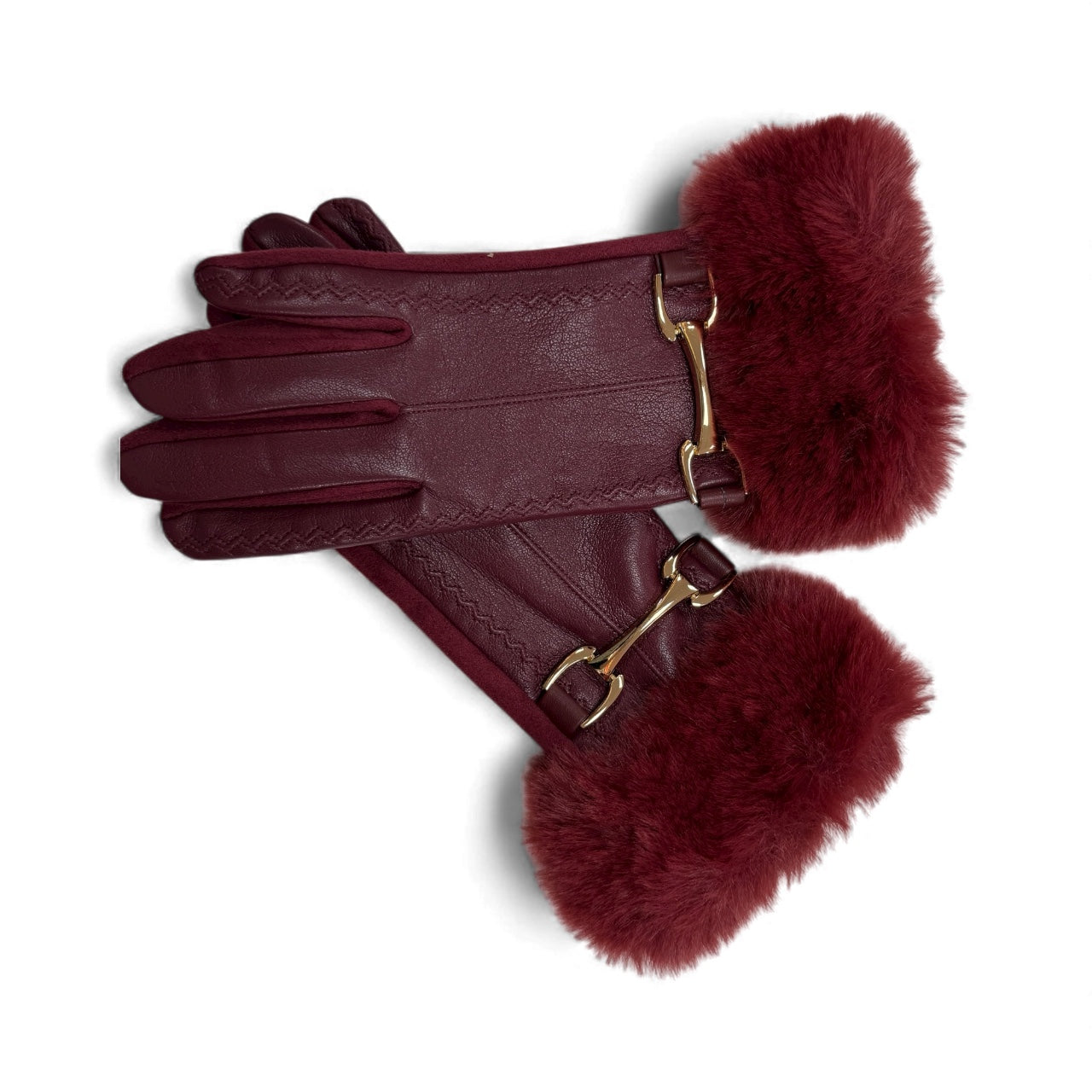 Brandwell Leather Look Gloves With Faux Fur Cuff In Burgandy