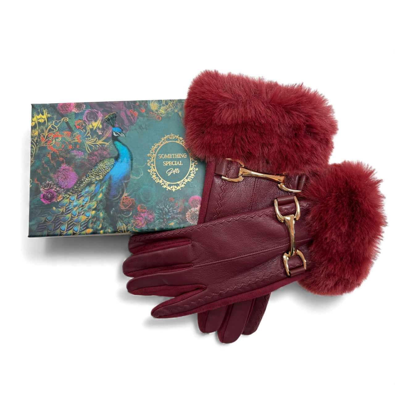 Brandwell Leather Look Gloves With Faux Fur Cuff In Burgandy