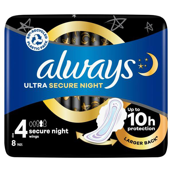 Always Ultra Secure Night Pads with wings for up to 10 hours protection