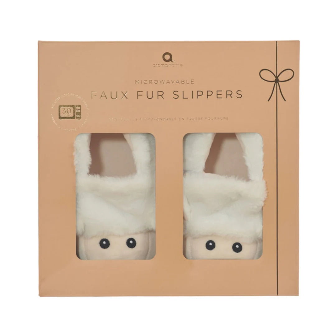 Aroma Home slippers boxed packaging — faux fur sheep microwavable slippers in retail gift box.