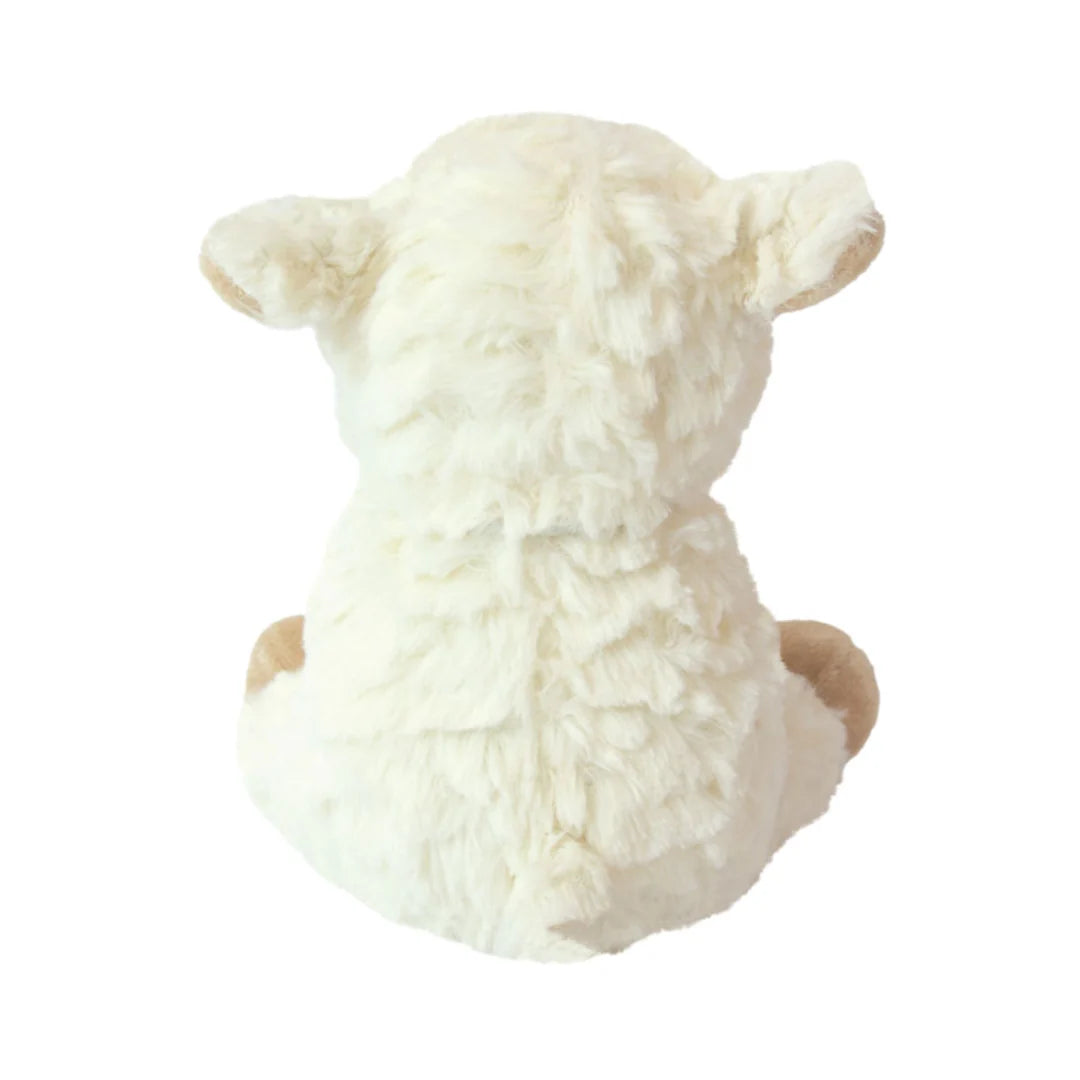 Beige lamb snuggable hottie rear view — soft faux-fur microwavable comfort toy (heat insert only).