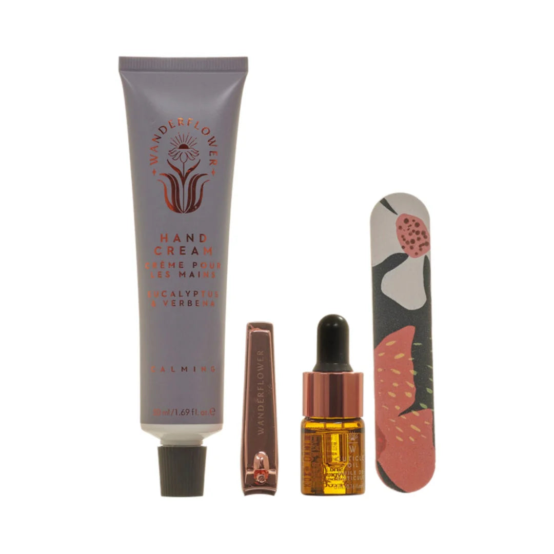 Wanderflower eucalyptus & verbana hand cream and cuticle oil — hydrating duo gift set for soft, nourished hands.