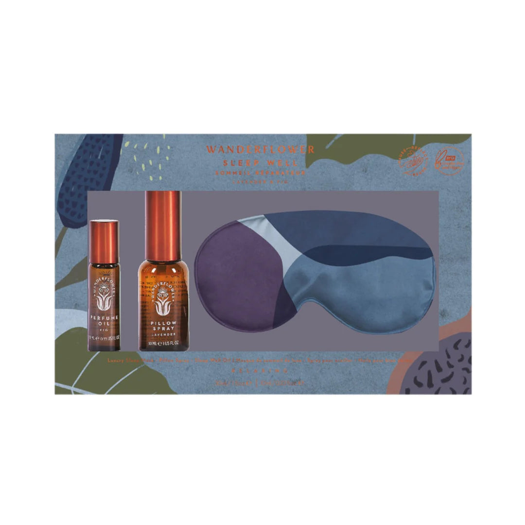 Aroma Home Wanderflower Sleep Well gift set — lavender & fig pillow spray, sleep-well oil roller and eye mask.