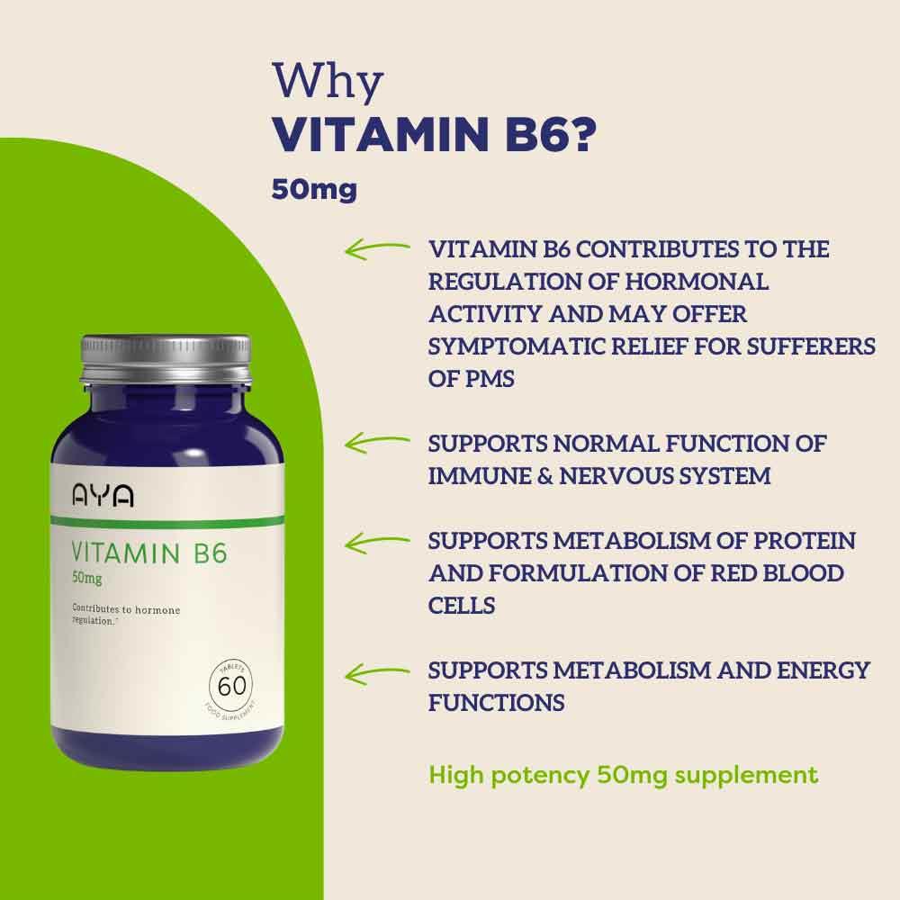 High-strength vegan Vitamin B6 50mg tablets by Aya Benefits of B6 outline