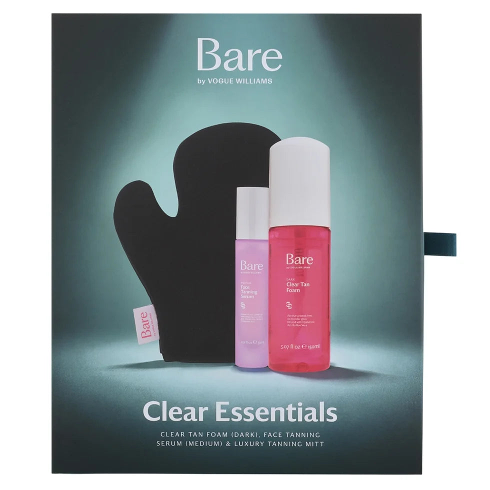 Bare by Vogue Clear Essentials Tanning Gift Set front packaging showing clear tan foam, face serum and tanning mitt