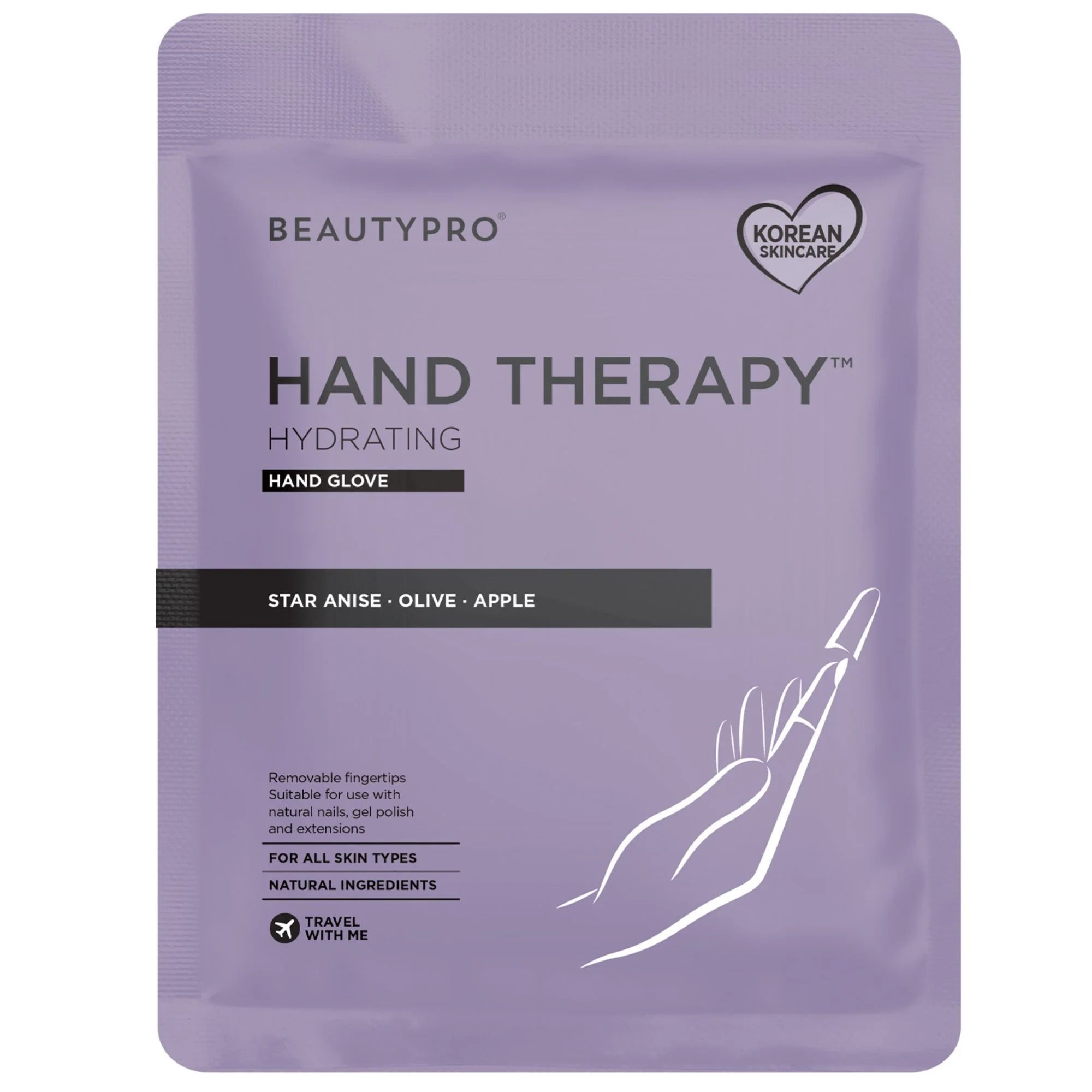 BeautyPro Hand Therapy Hydrating Hand Glove packaging with star anise, olive and apple extracts