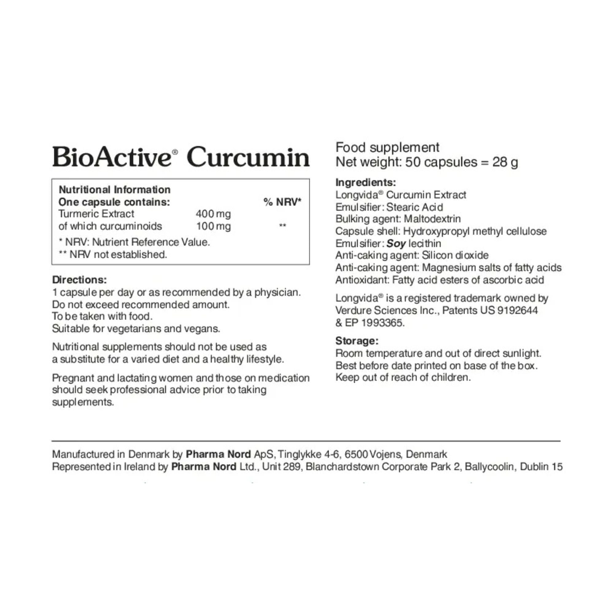 Pharma Nord Bioactive Curcumin 400mg Turmeric Capsules - Ingredients