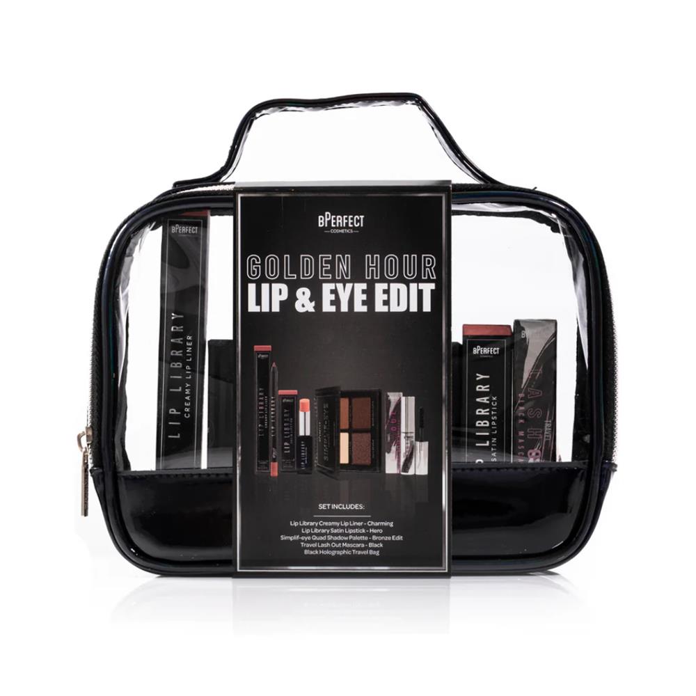BPerfect Golden Hour Lip & Eye Edit gift set boxed with holographic travel bag.