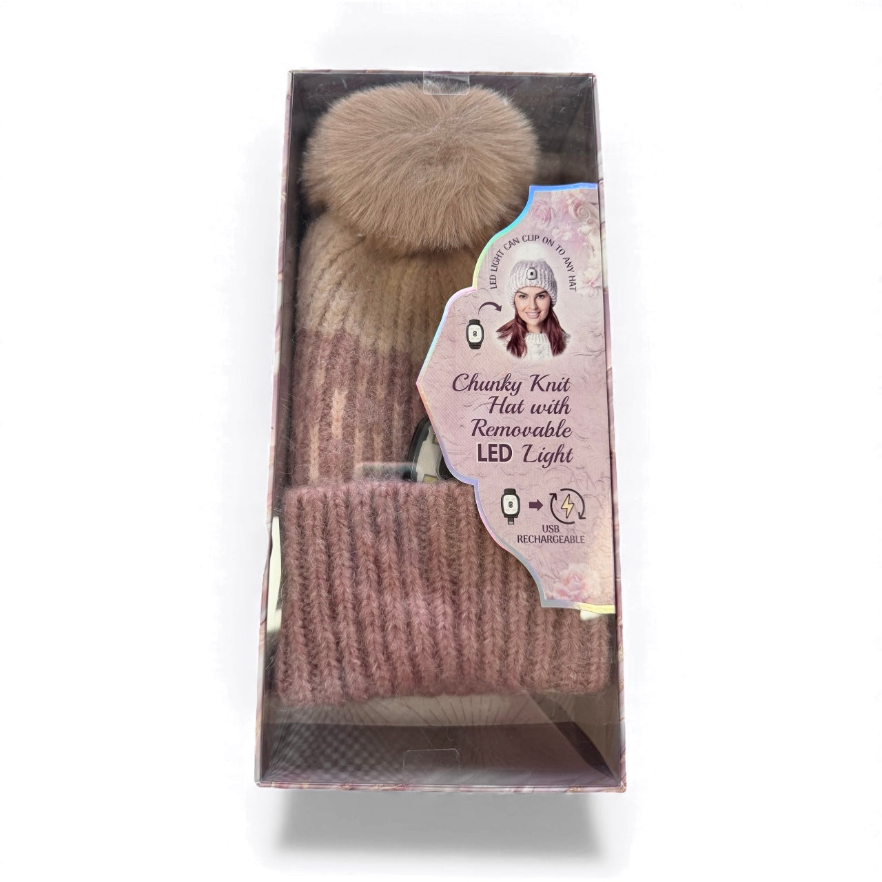 Boxed lavender LED beanie with removable, USB-rechargeable light