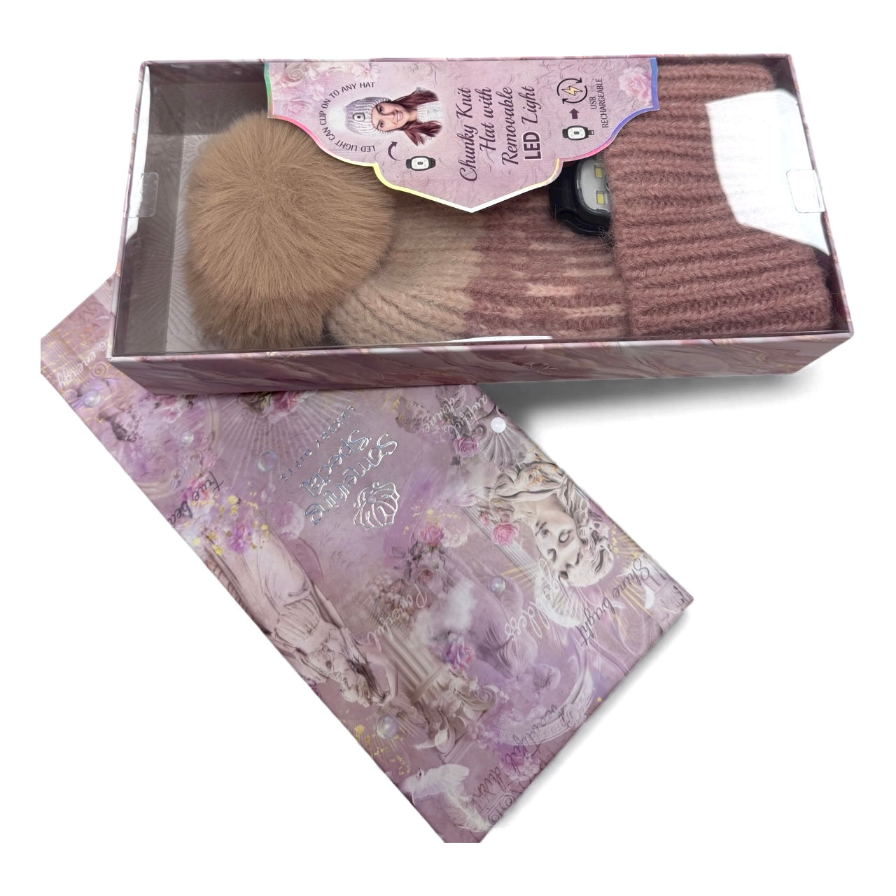 Light lavender chunky knit beanie with faux-fur pom-pom and removable LED light on cuff.