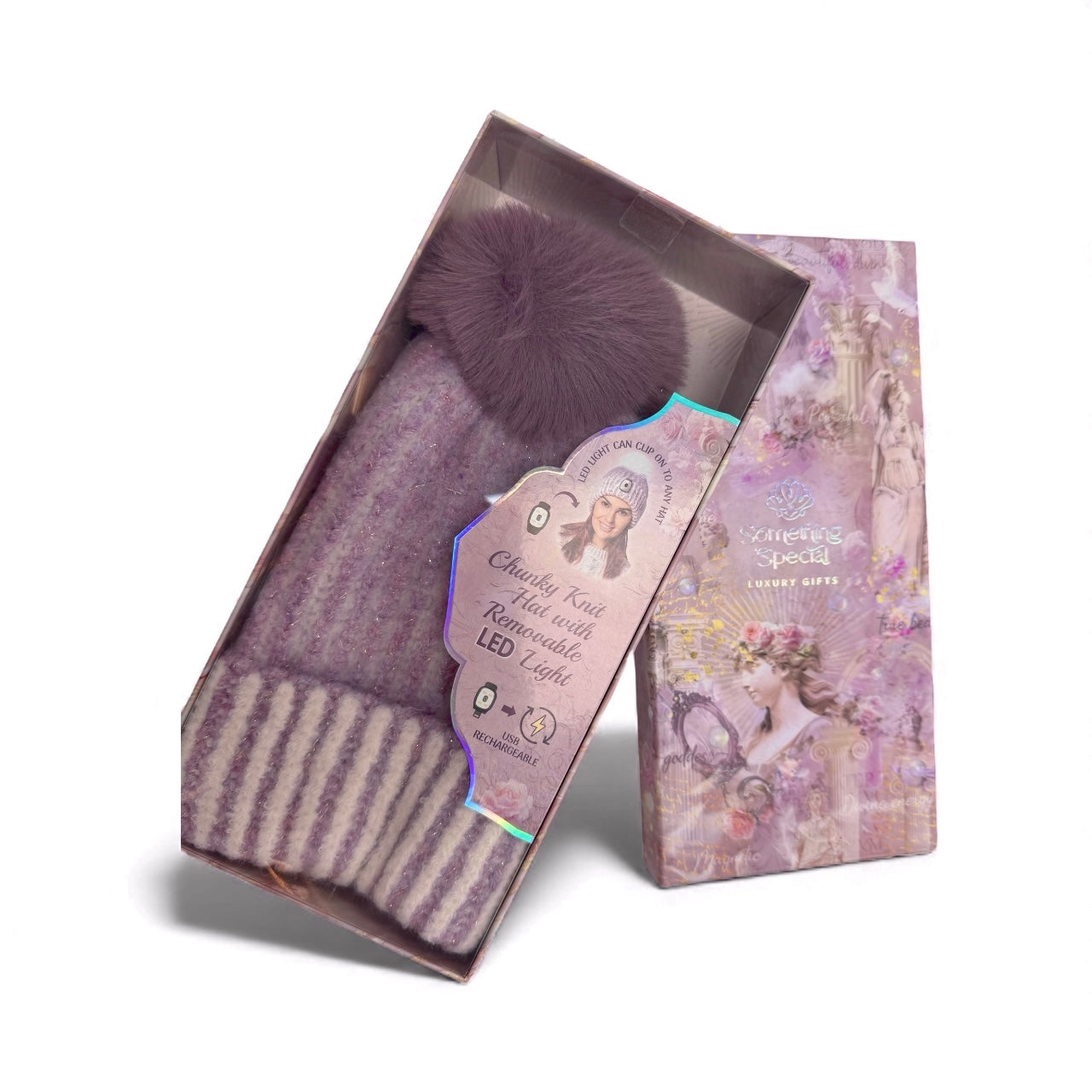 Gift box showing Brandwell chunky knit LED hat in lavender.