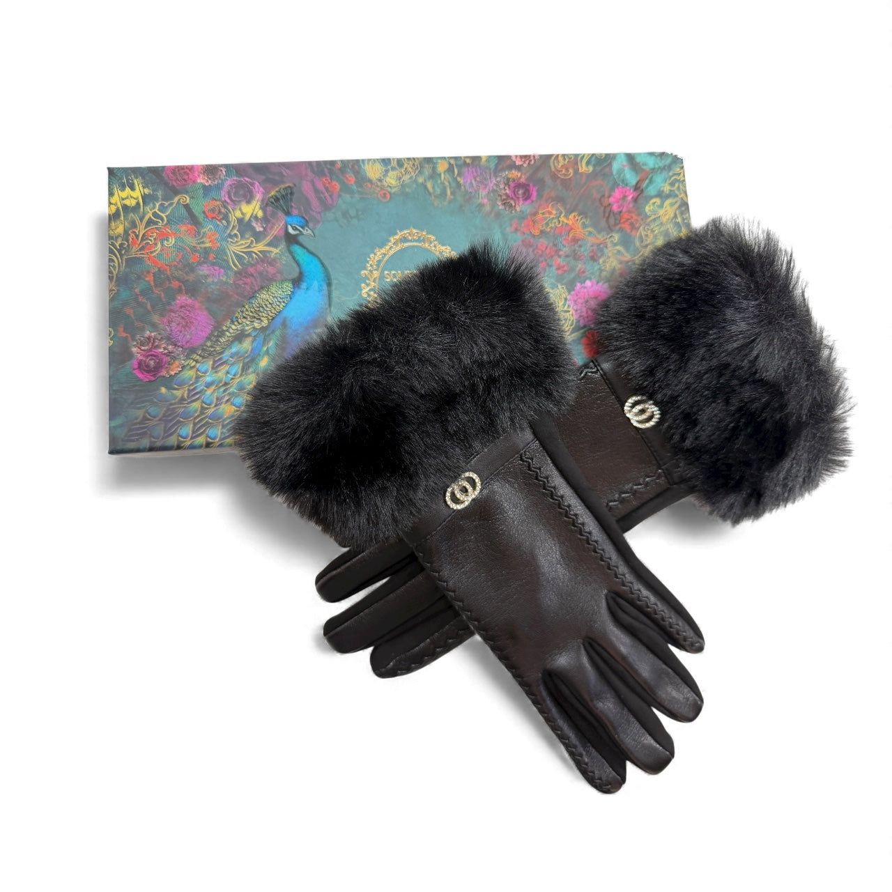 Brandwell black leather look gloves with faux fur cuff laid flat