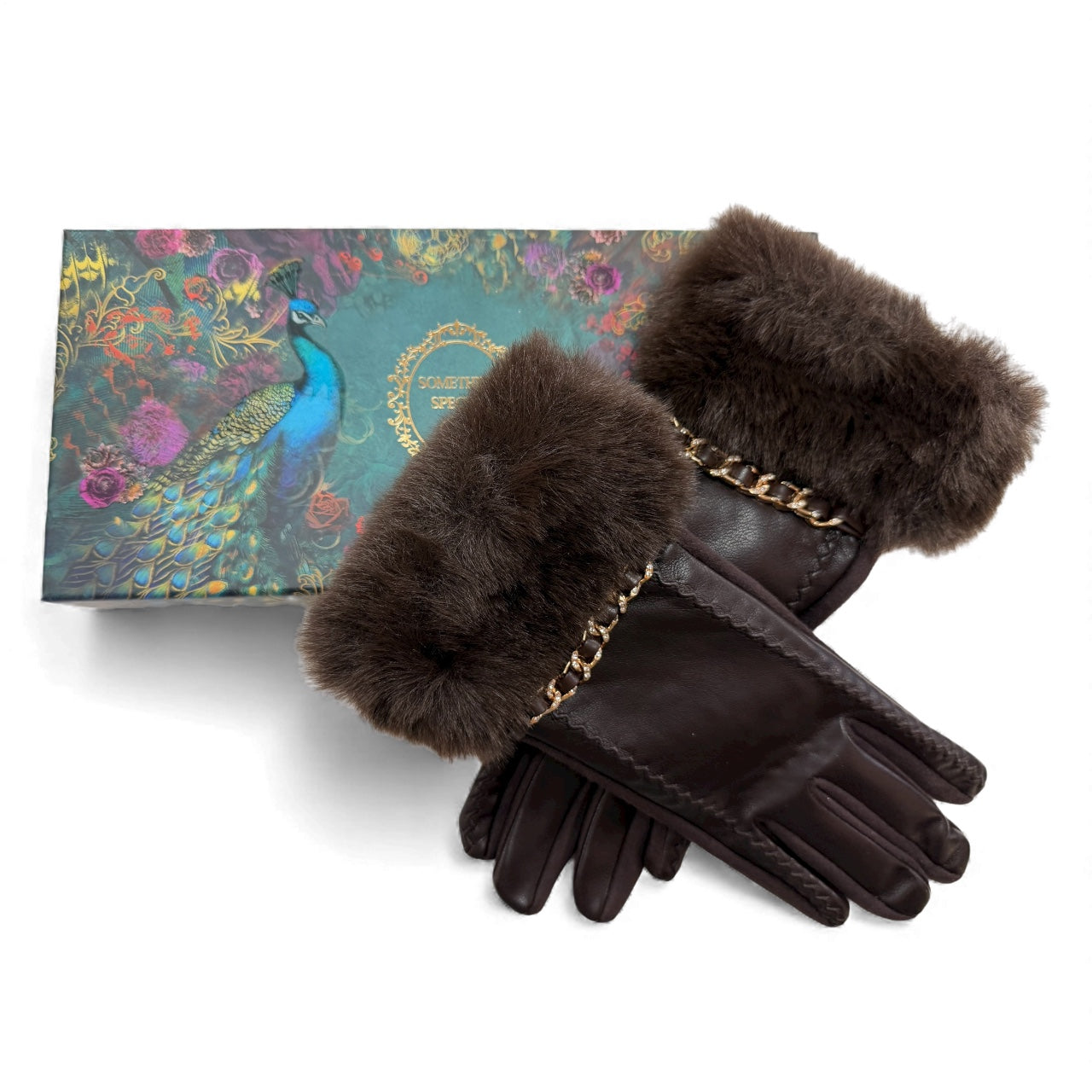 Gift-boxed chocolate faux fur cuff gloves on peacock box