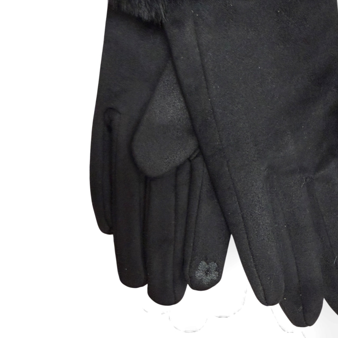 Close up of black faux-suede gloves with touch phone finger