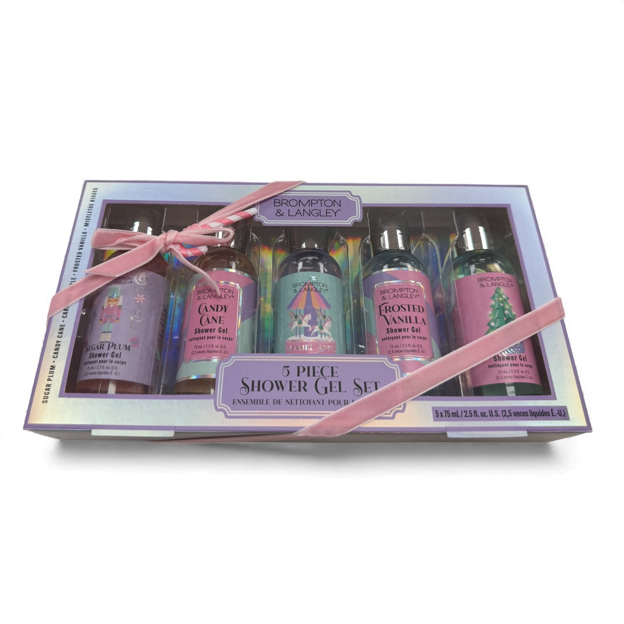 Brompton & Langley 5 piece festive shower gel gift set in holographic box with pink ribbon