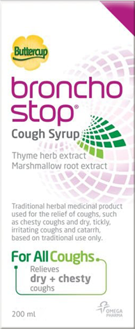 Buttercup Bronchostop Cough Syrup 200ml bottle – dual-action herbal formula for dry and chesty coughs