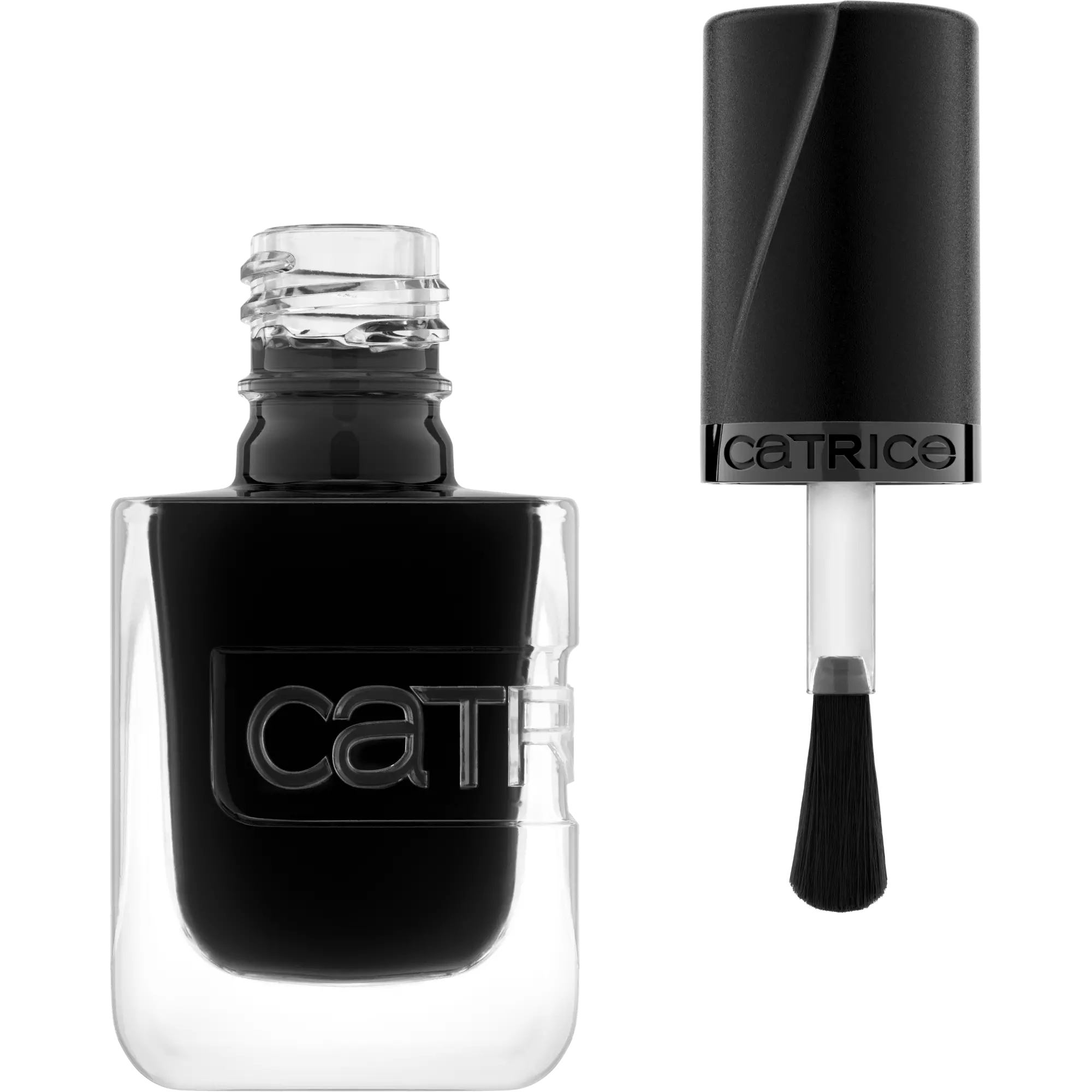 Opened Catrice Gel Affair Black To The Roots nail polish with brush applicator shown
