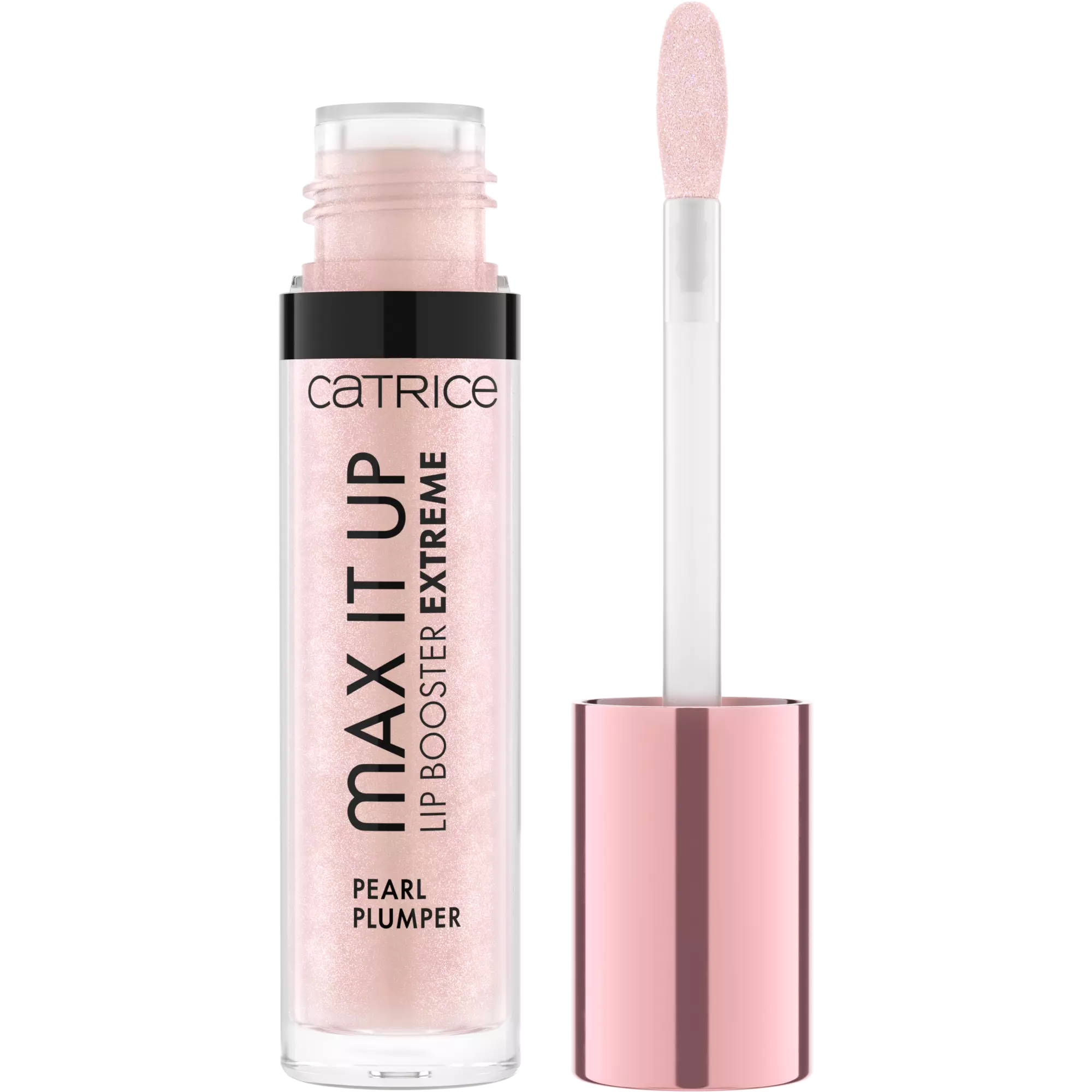 Catrice Max It Up Lip Booster 070 open tube with pink shimmer gloss and doe-foot applicator