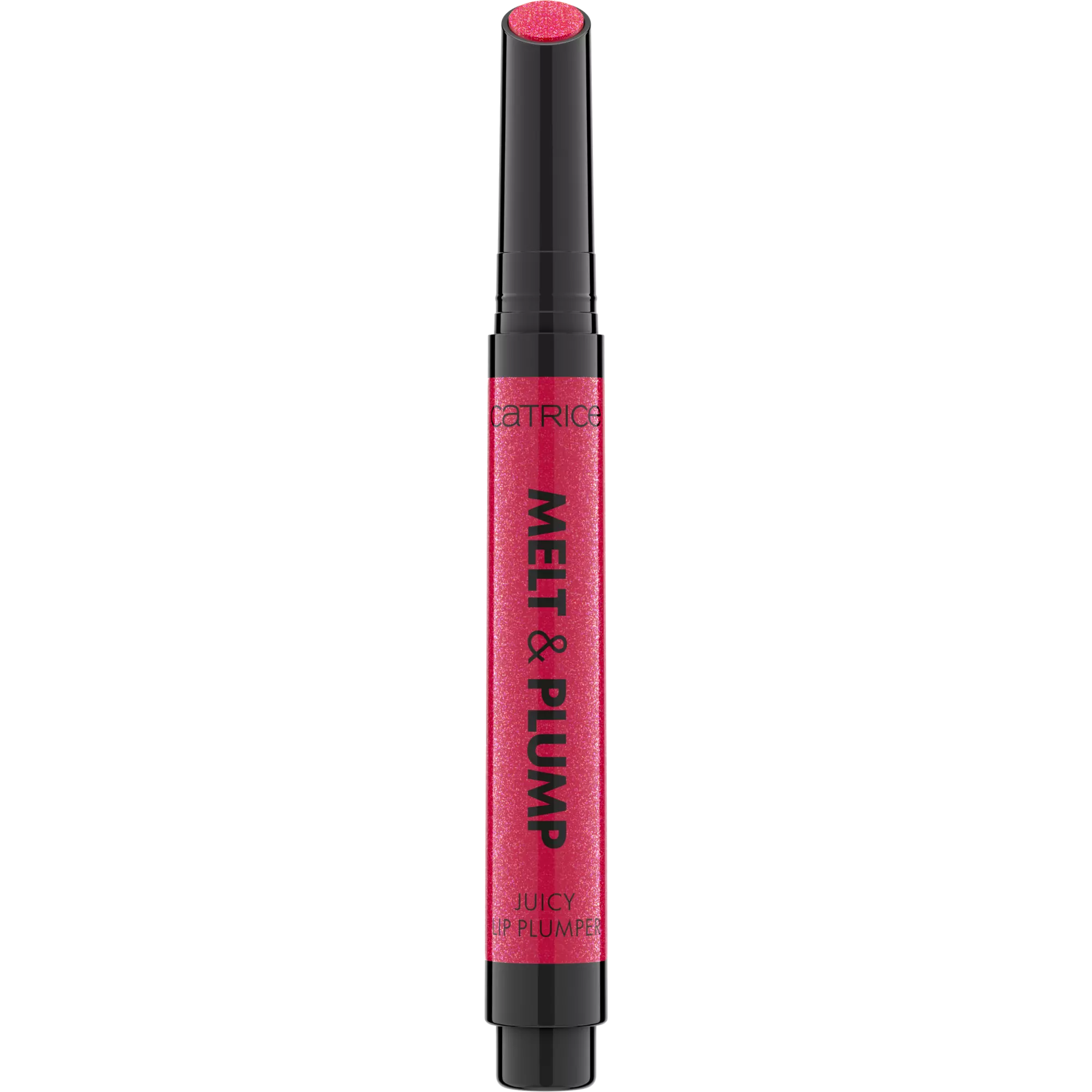 Close-up of lips wearing Catrice Melt & Plump 050 Tropic Like It’s Hot, glossy red lip finish