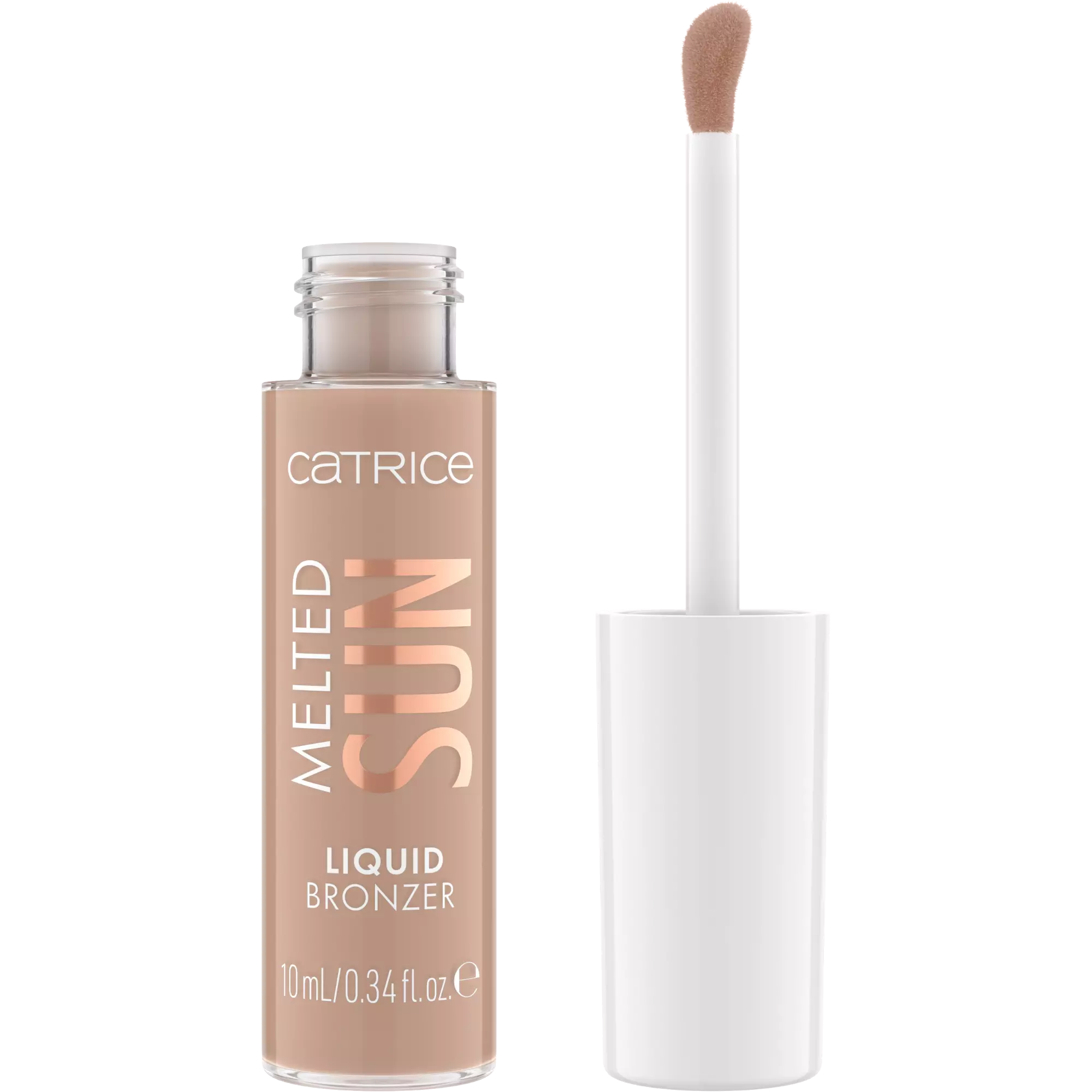 Catrice Melted Sun Liquid Bronzer 005 with applicator wand and bottle open for matte contouring makeup