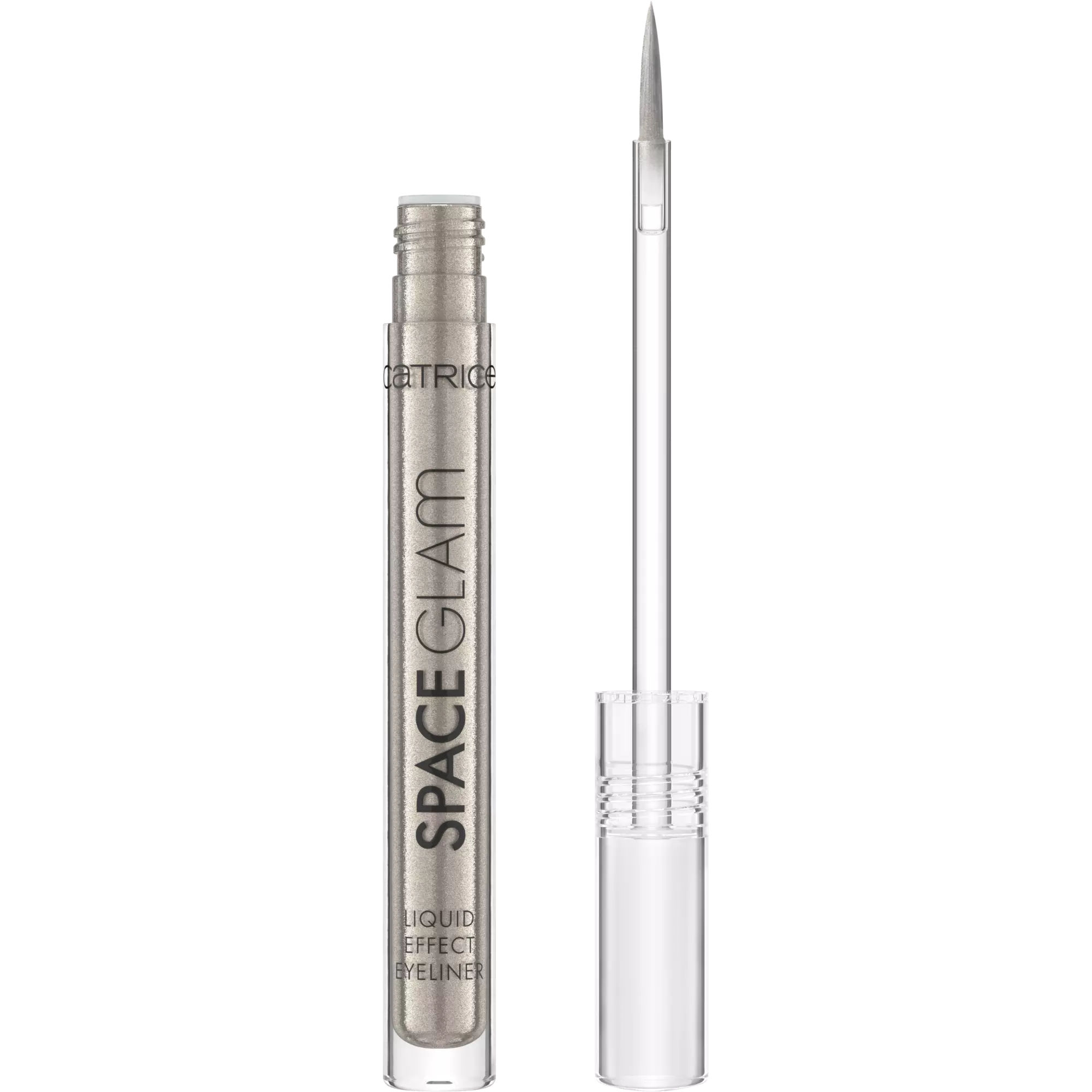 Close-up of Catrice Space Glam Moonstone Metallic eyeliner pen with silver finish