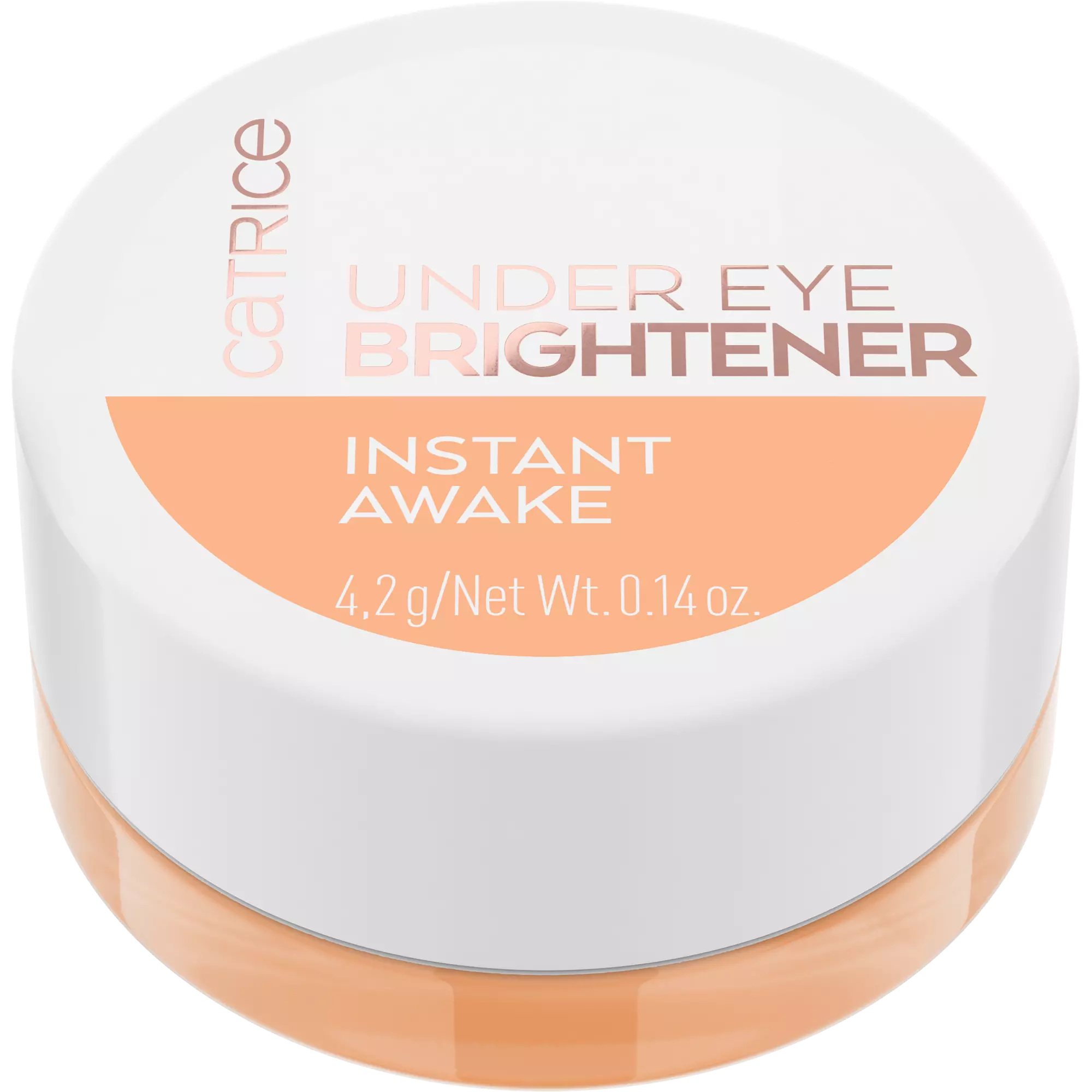 Open jar of Catrice Under Eye Brightener in 020 Warm Nude with “Instant Awake”