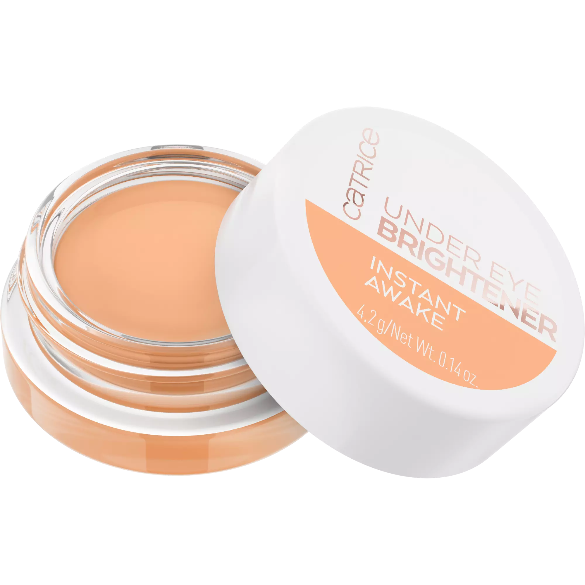 Two stacked jars of Catrice Under Eye Brightener Warm Nude with open and closed lids.
