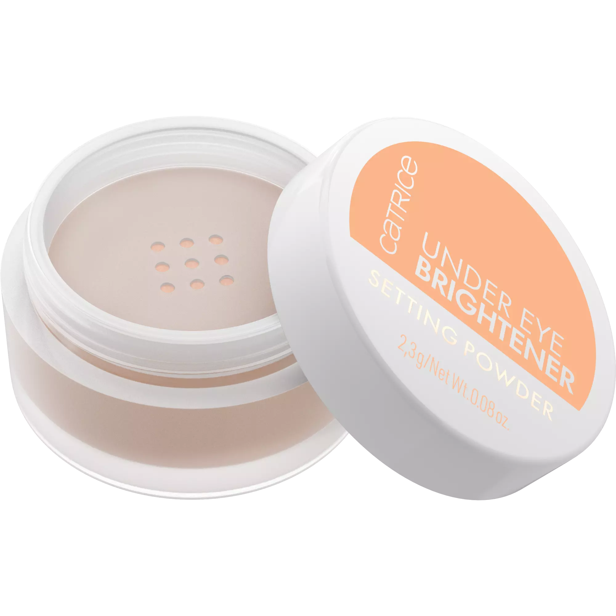 Open jar of Catrice Under Eye Brightener Setting Powder with sifter