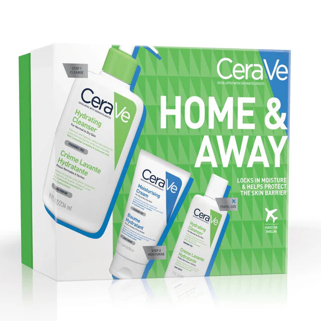cerave home and away skincare gift set with cleanser and moisturising cream in green box