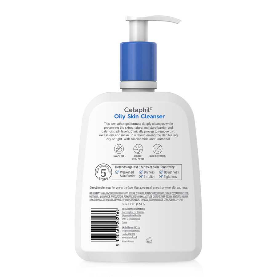 Cetaphil Oily Skin Cleanser label with directions and full ingredient list