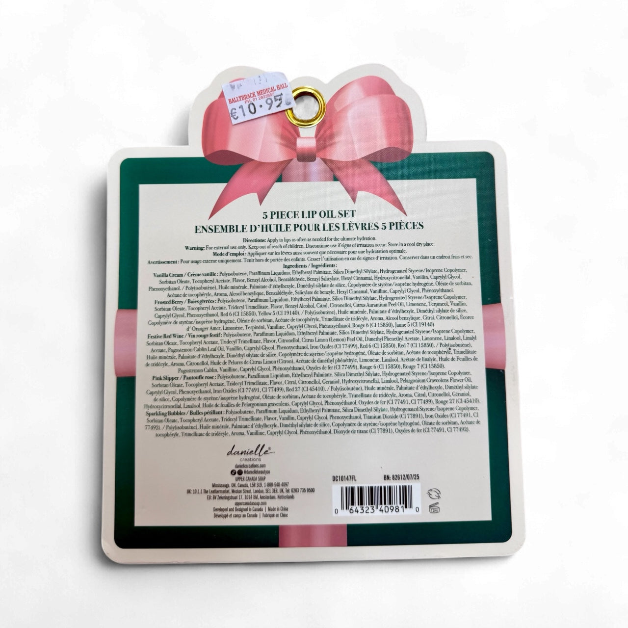 Back of Danielle Creations lip oil set with product info and ingredients