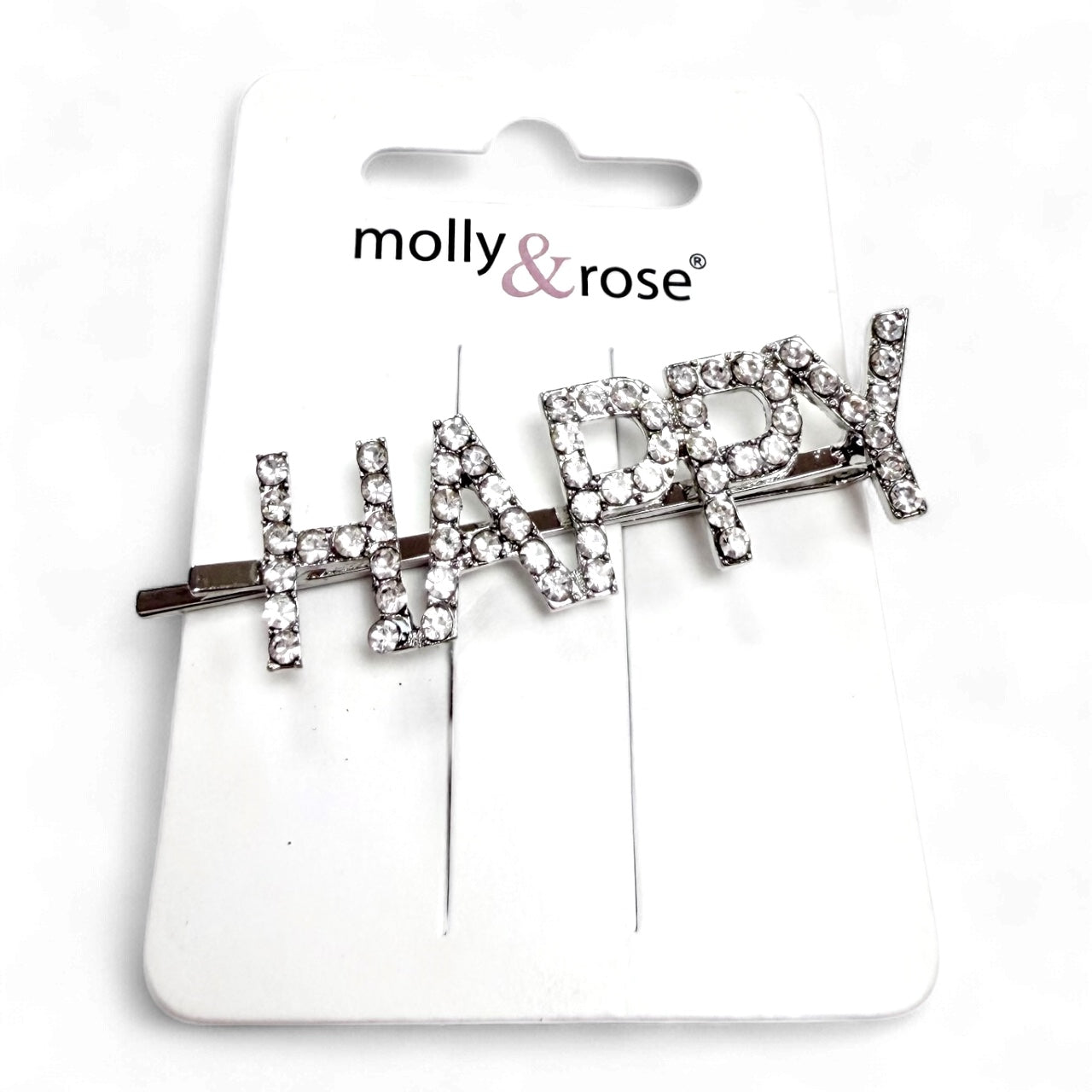 Silver Molly & Rose diamanté HAPPY hair pin on display card