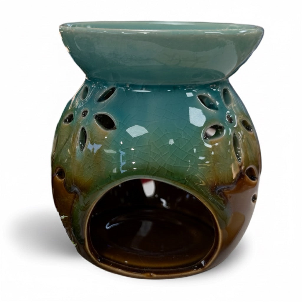 Dolphin ceramic wax melt burner in teal & brown ombré with flower cut-outs