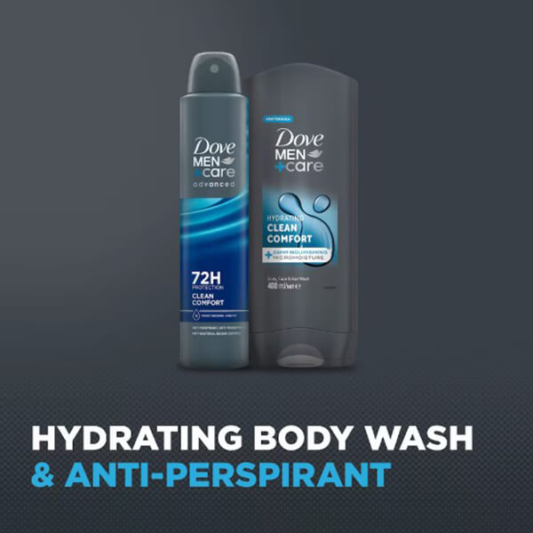 Dove Men Clean Comfort bodywash 250ml close-up — MicroMoisture cleansing and hydrating formula, gift set for him.