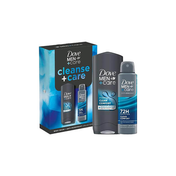 Dove Men Cleanse & Care Duo Gift Set for him — 250ml Clean Comfort bodywash and 150ml Advanced Clean antiperspirant.