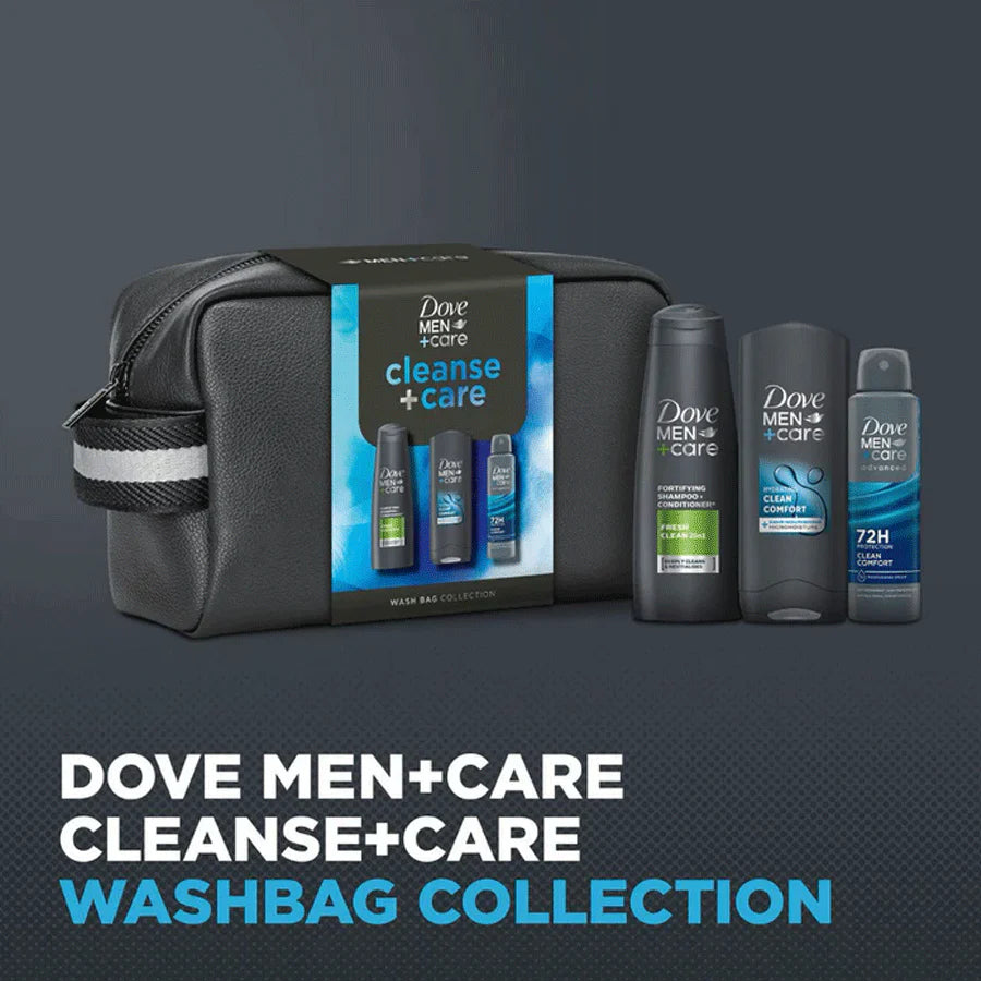 Dove Men Clean Comfort bodywash & 2-in-1 Fresh Clean shampoo — practical grooming duo from the wash bag gift set.