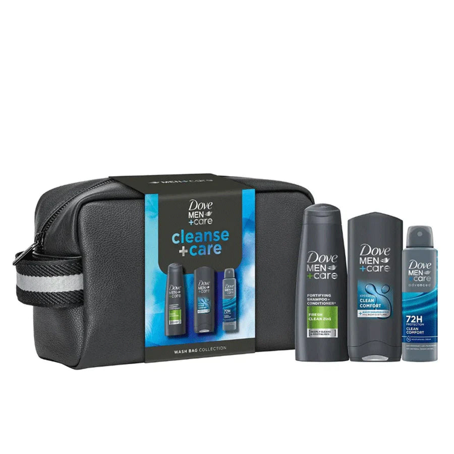 Dove Men Cleanse & Care wash bag Christmas gift set — Clean Comfort bodywash 250ml, Advanced Clean antiperspirant 150ml, 2-in-1 shampoo 250ml and wash bag.