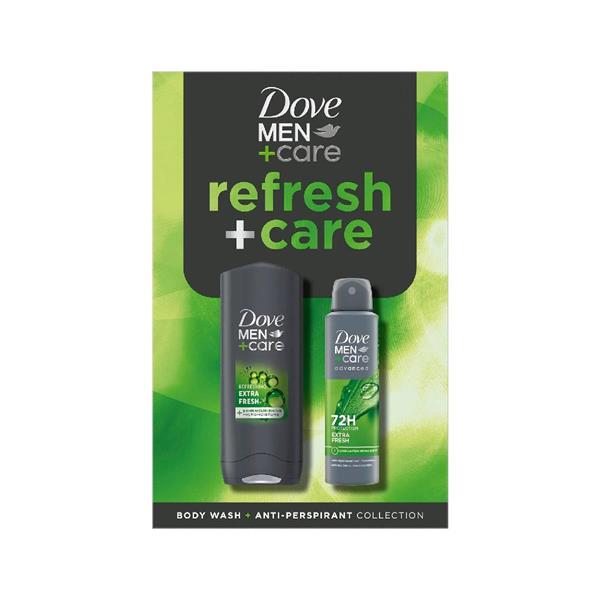 Dove Men Refresh & Care Duo Gift Set — 250ml Extra Fresh body, face & hair wash and 150ml Extra Fresh antiperspirant in wash bag-style pack.