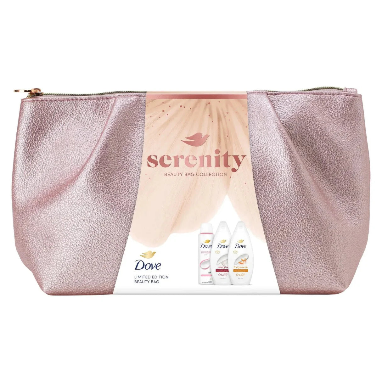 Dove Serenity Beauty Bag Gift Set boxed — Velvet Glow & Fruity Nourish 225ml body washes, Powder Soft 150ml aerosol and metallic pink beauty bag.