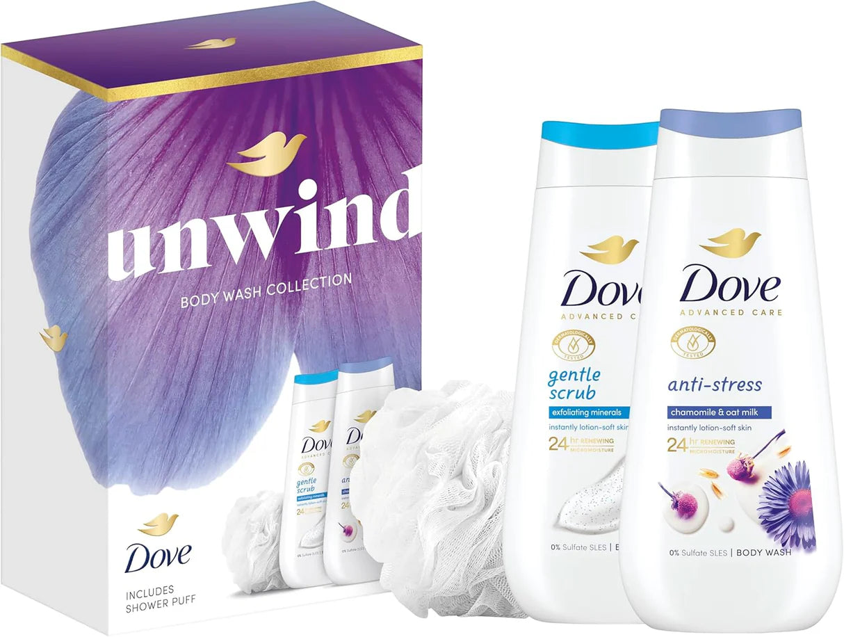 Dove Unwind Duo Body Wash Gift Set — Anti-Stress & Exfoliating 225ml bottles with luxury shower puff, ready-to-wrap gift for her.