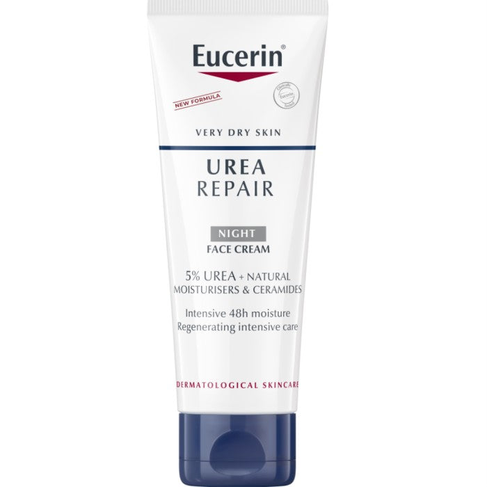 Eucerin UreaRepair 5% Urea Night Face Cream tube for dry and tight skin