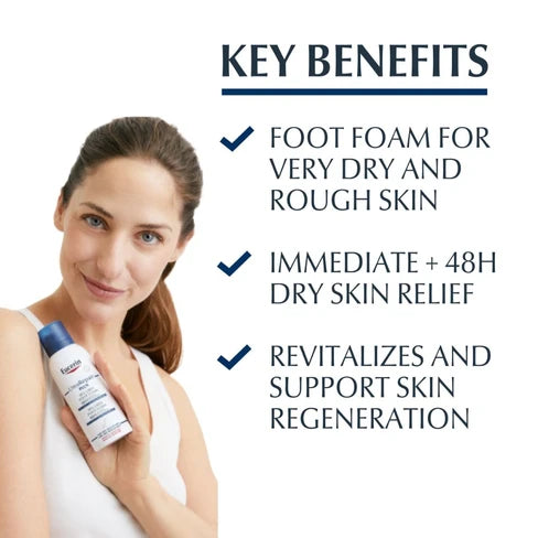 Woman using Eucerin Foot Foam for dry, rough skin with 48-hour hydration benefits