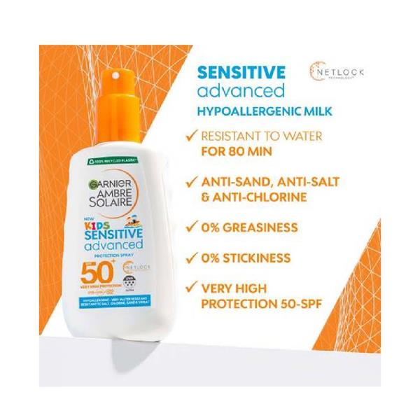 Kids sun spray SPF50+ with anti-sand, anti-salt, and anti-chlorine benefits