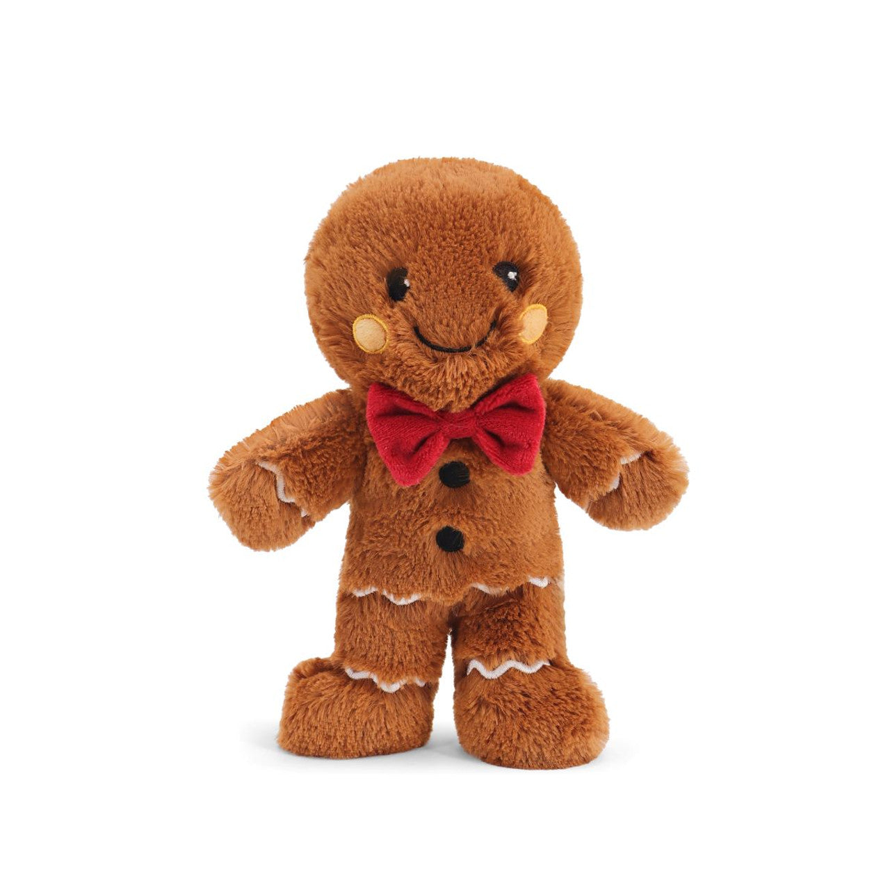 Gosh! Gingerbread Man Softie 20cm — plush gingerbread toy with embroidered icing and red bow tie in gift box.