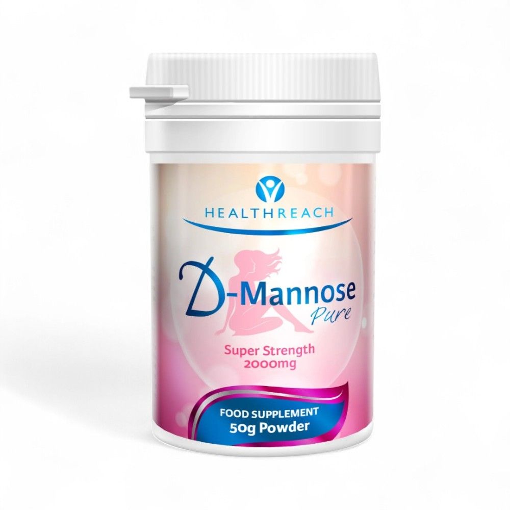 HealthReach D-Mannose Super Strength 2000mg 50g powder tub, front label, white and pink