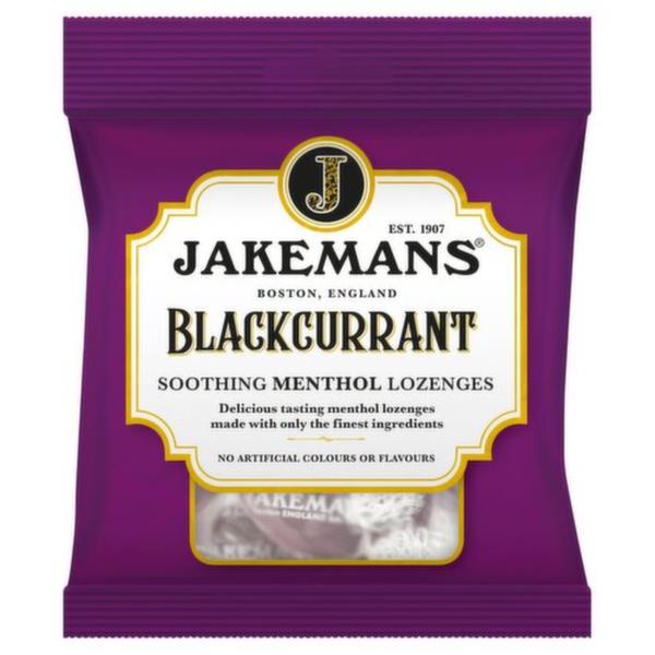 Jakemans Blackcurrant Menthol Lozenges 73g pack — soothing throat sweets with menthol and blackcurrant.