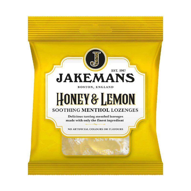 Jakemans Honey & Lemon Menthol Lozenges 73g pack — soothing vapour throat lozenges, no artificial colours or flavours.