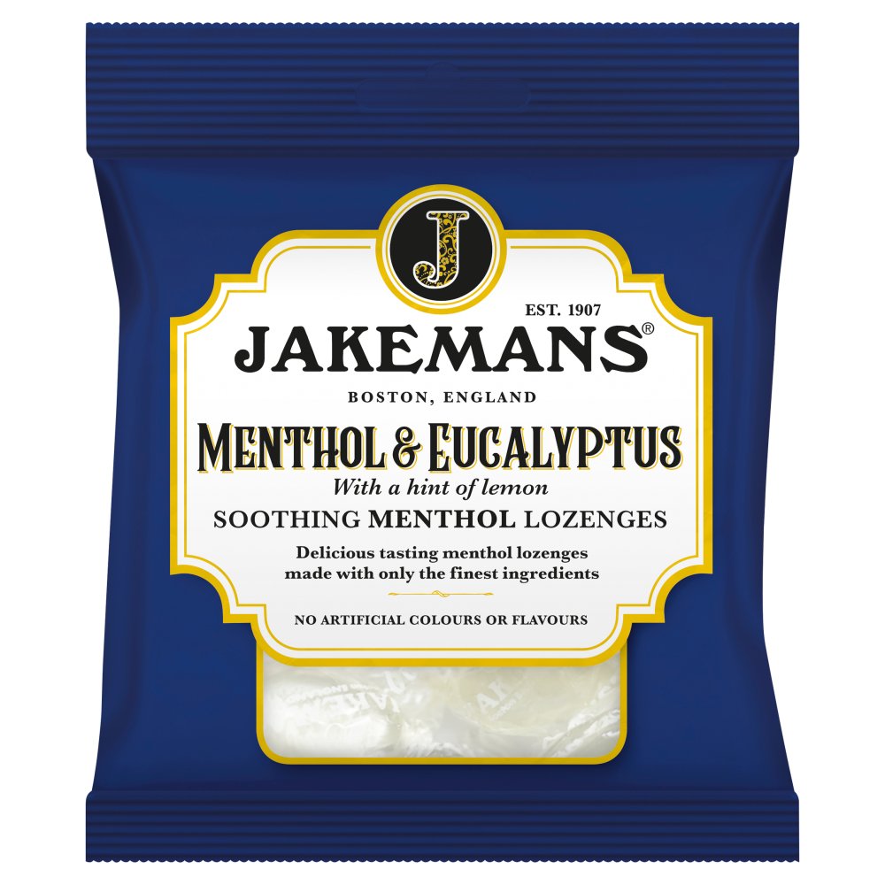 Jakemans Extra Strong Menthol & Eucalyptus Lozenges 73g — powerful throat lozenges with menthol, eucalyptus and lemon.