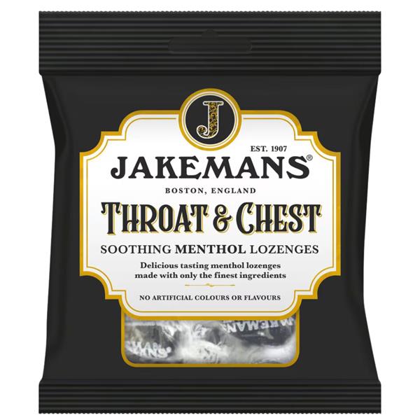 Jakemans Menthol Lozenges 73g pack — soothing throat & chest lozenges with menthol, suitable for vegetarians.