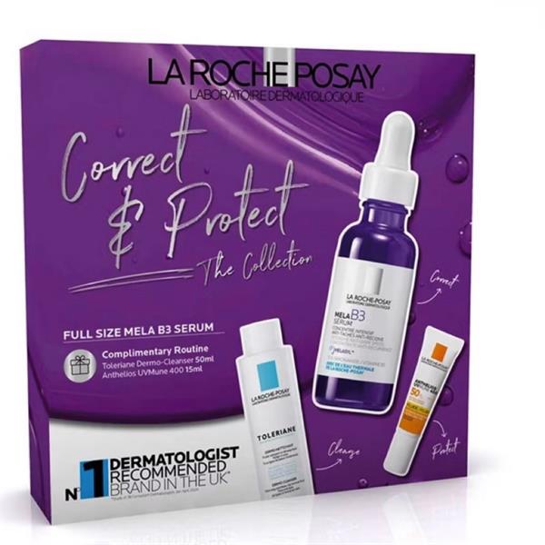 La Roche-Posay Correct & Protect gift set — MelaB3 30ml, Toleriane Dermo-Cleanser 50ml and Anthelios SPF50+ 15ml boxed.
